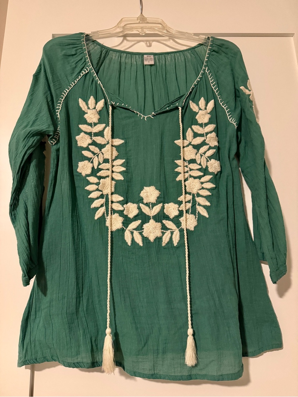 Green Bohemian Embroidered Top Floral Tassel Tie Tunic Gauze - Size Small